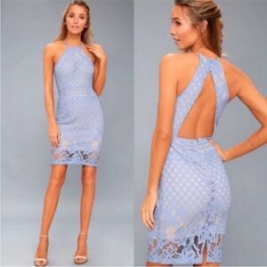 LULU’S | Steal A Kiss Lace Halter Dress Baby Blue & Nude Tan Women’s Size XL